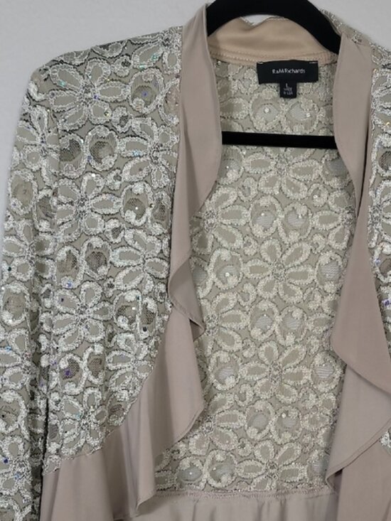 NWT R&M Richards Lace Open Cardigan Bolero Size L Sheer Mesh Floral Ivory Ruffle - Picture 4 of 14